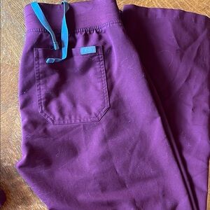 Figs Maroon Scrub Pants with Grey Drawstring